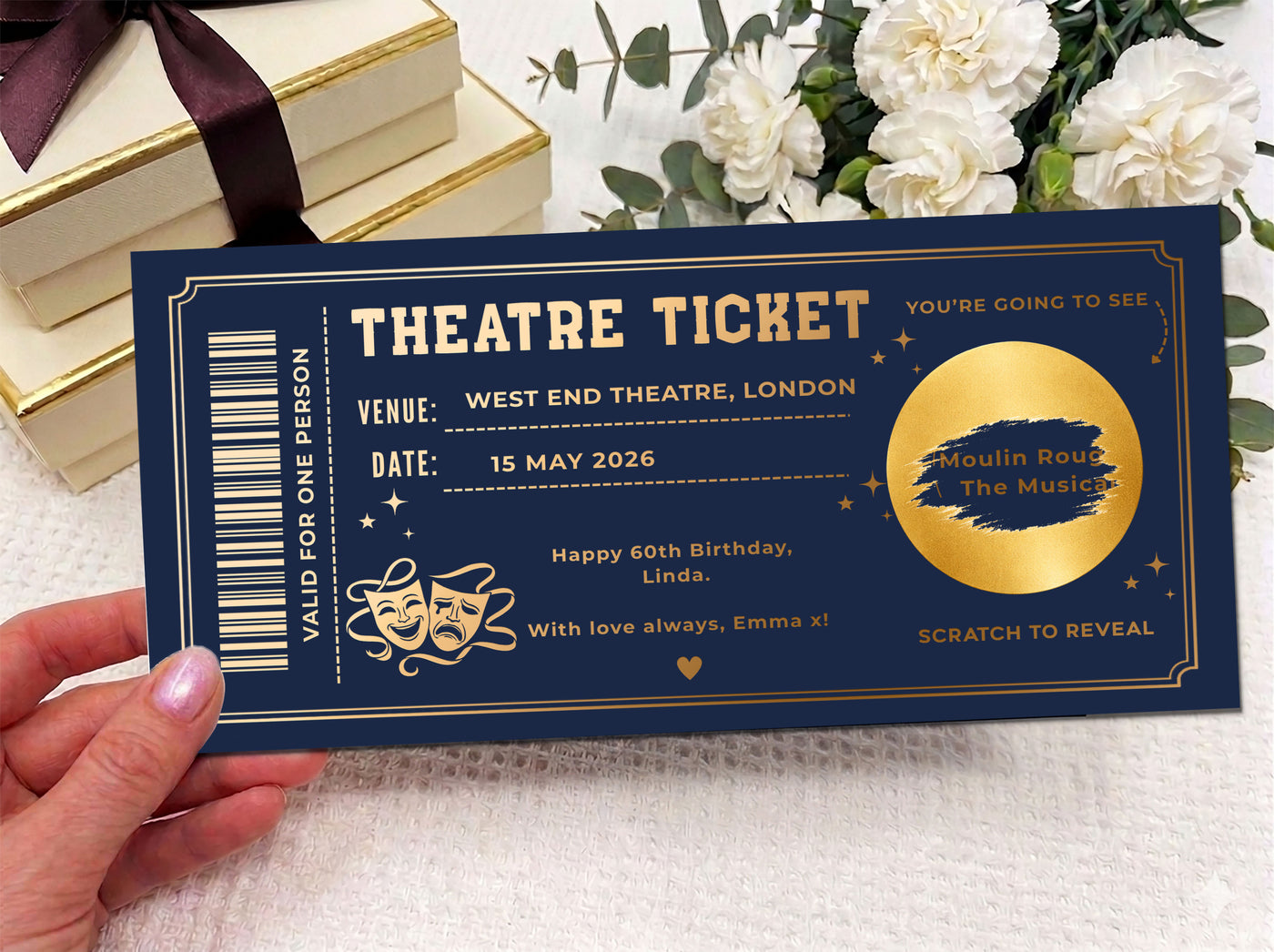 Personalized Theatre Ticket Gift, Scratch Reveal Show Voucher, Luxury Navy Gold Birthday Gift, Physical Printed Experience Ticket