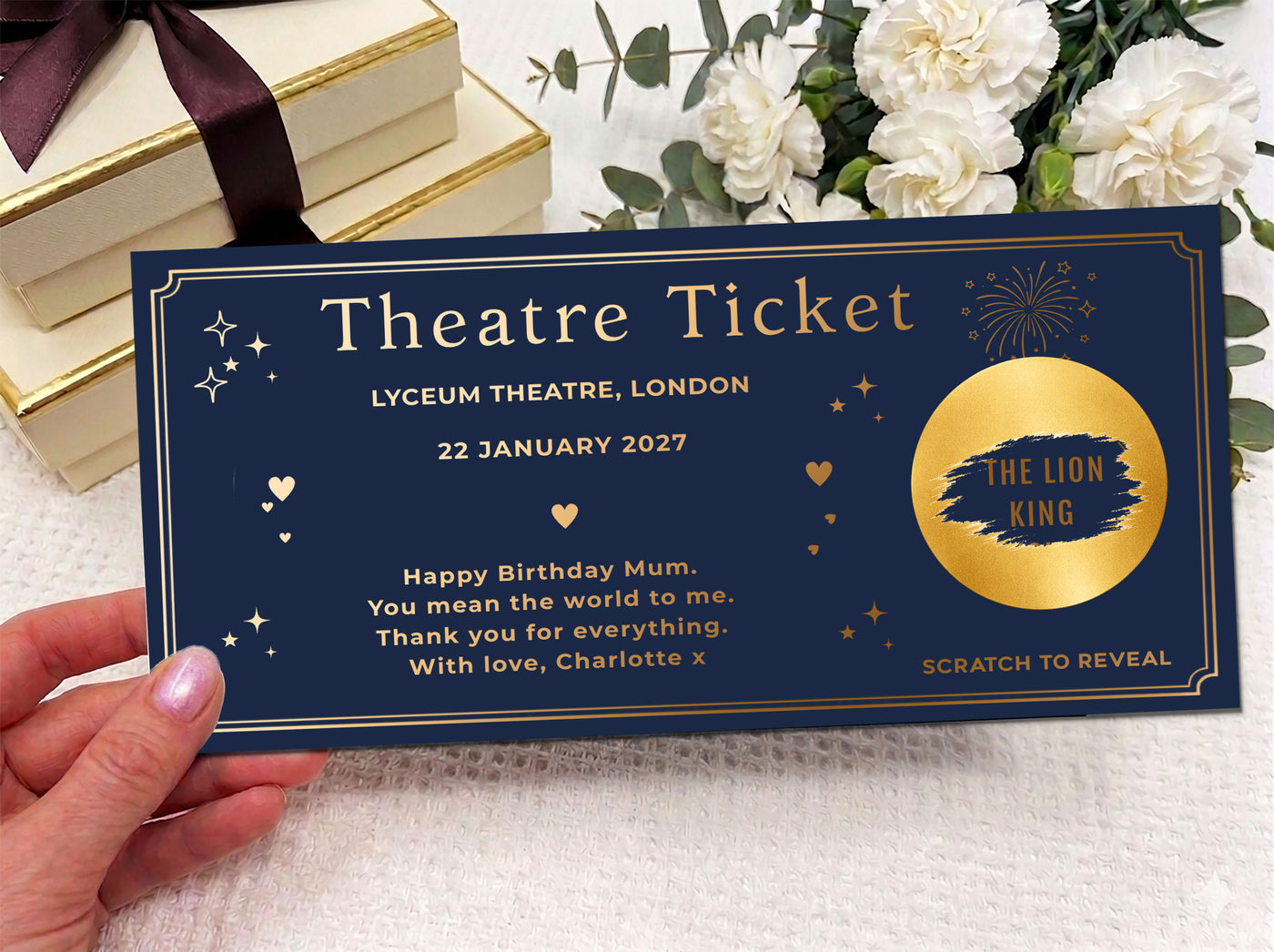 Personalized Theatre Ticket Gift, Scratch Reveal Birthday Voucher, Luxury Gold Show Ticket for Mum