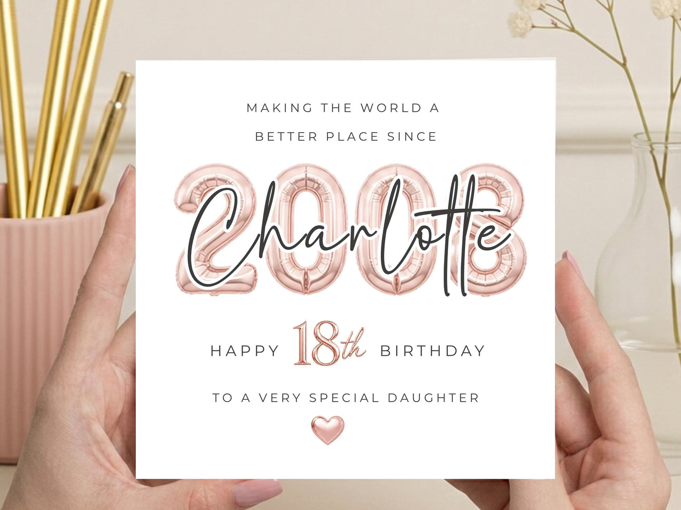 Personalised 18th Birthday Card for Daughter – Rose Gold Balloon Design
