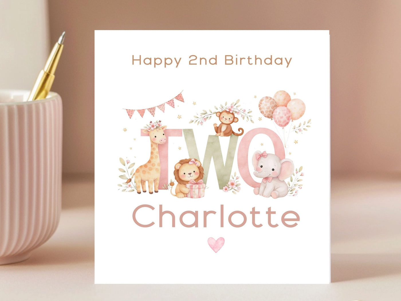 Personalised 2nd Birthday Card - Cute Animal TWO Design