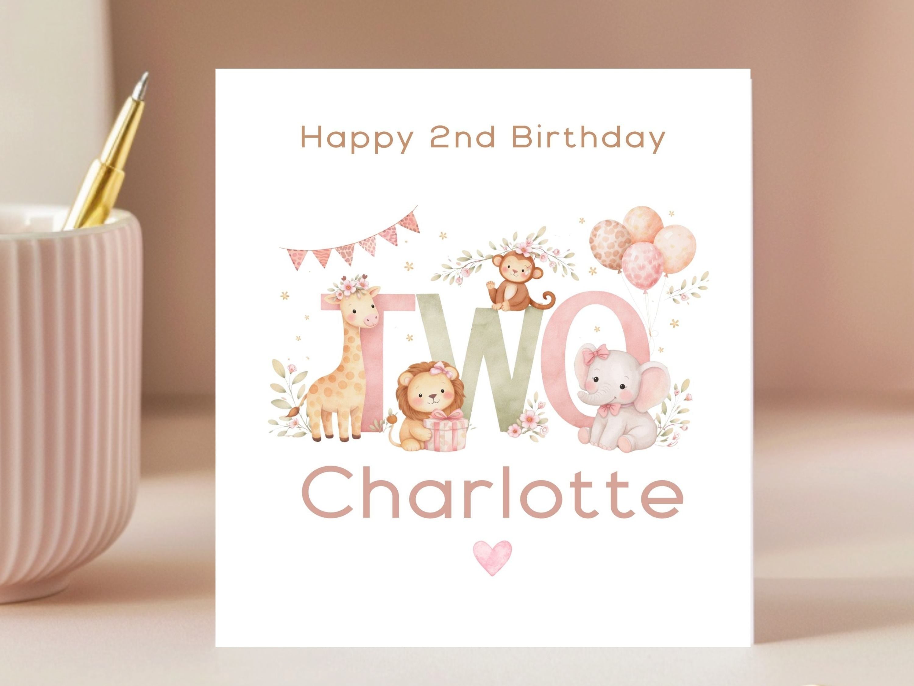 Personalised 2nd Birthday Card - Cute Animal TWO Design