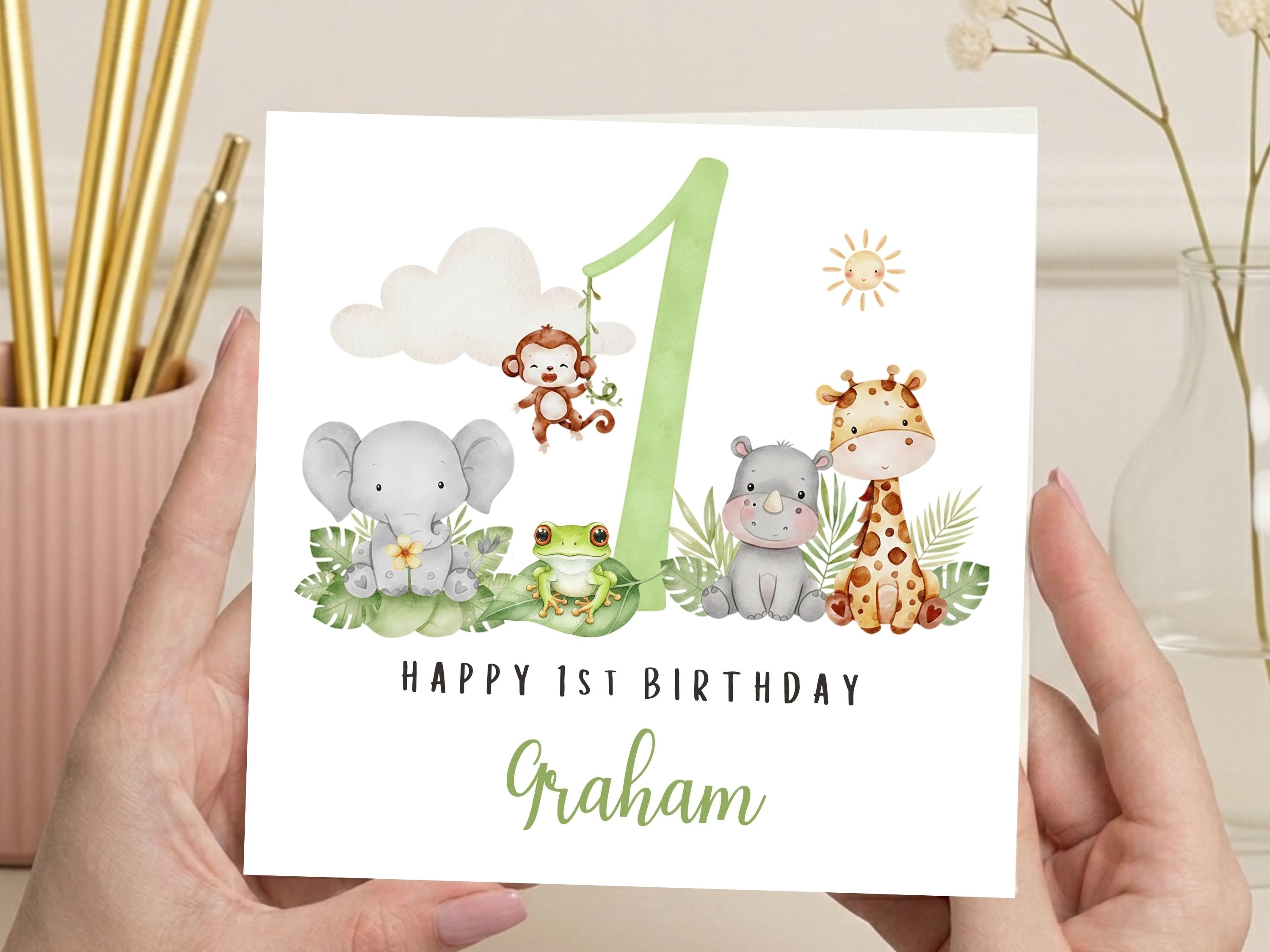 Personalised Milestone Safari Animals 1st Birthday Card for Boys