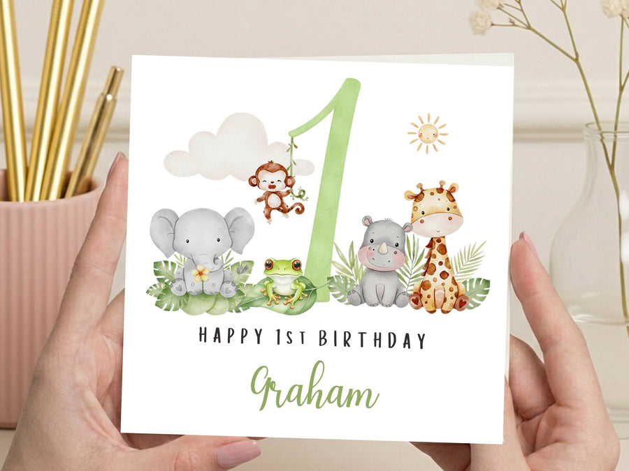 Personalised Milestone Safari Animals 1st Birthday Card for Boys