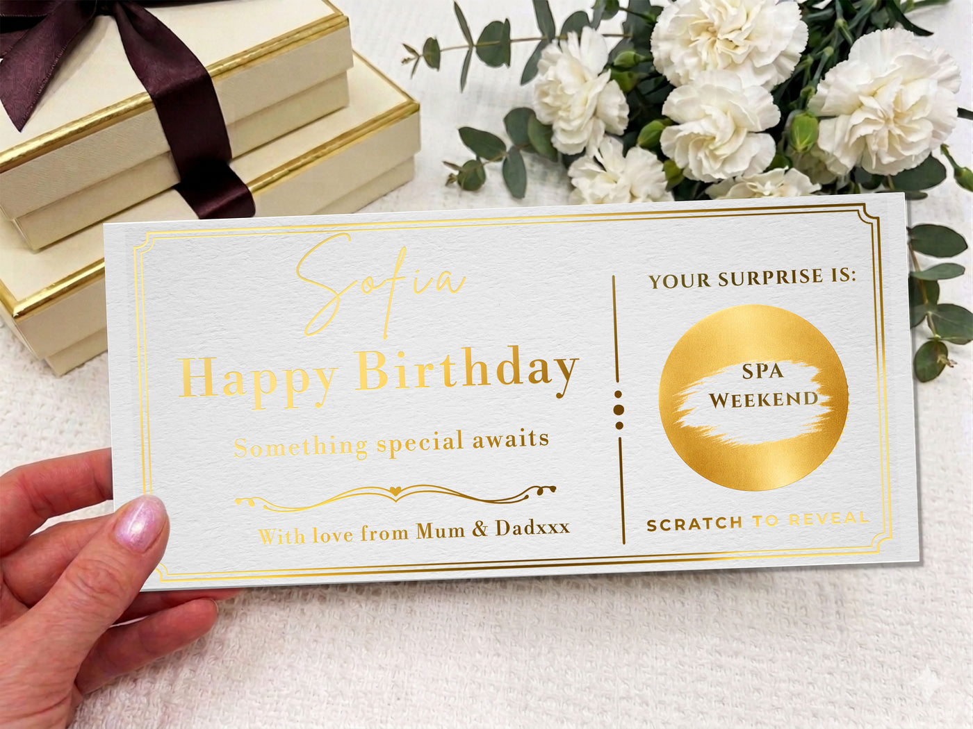 Personalised Gold Minimalist Elegant Birthday Scratch Reveal Ticket