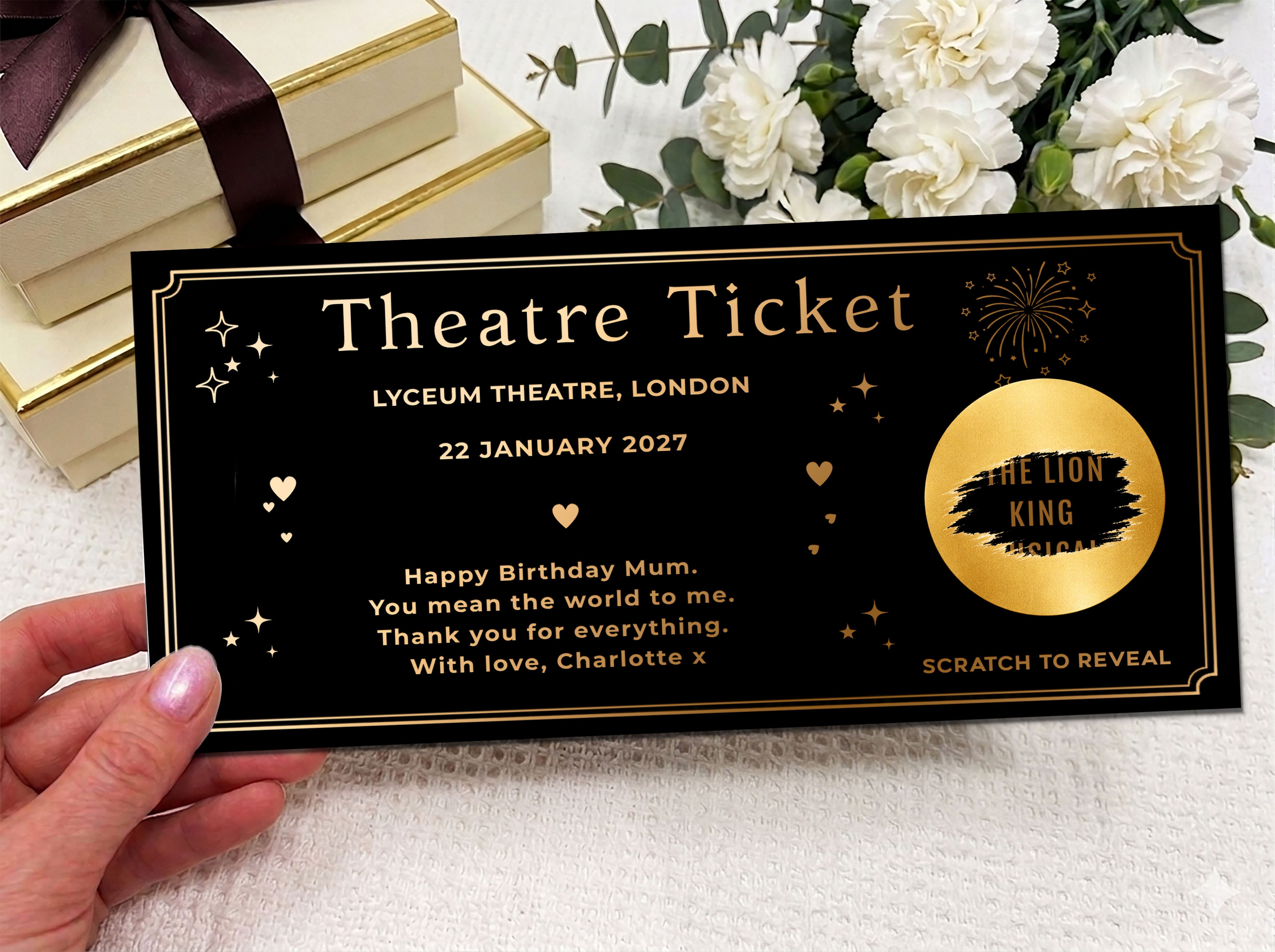 Personalized Theatre Ticket Gift, Scratch Reveal Birthday Voucher, Luxury Gold Show Ticket for Mum