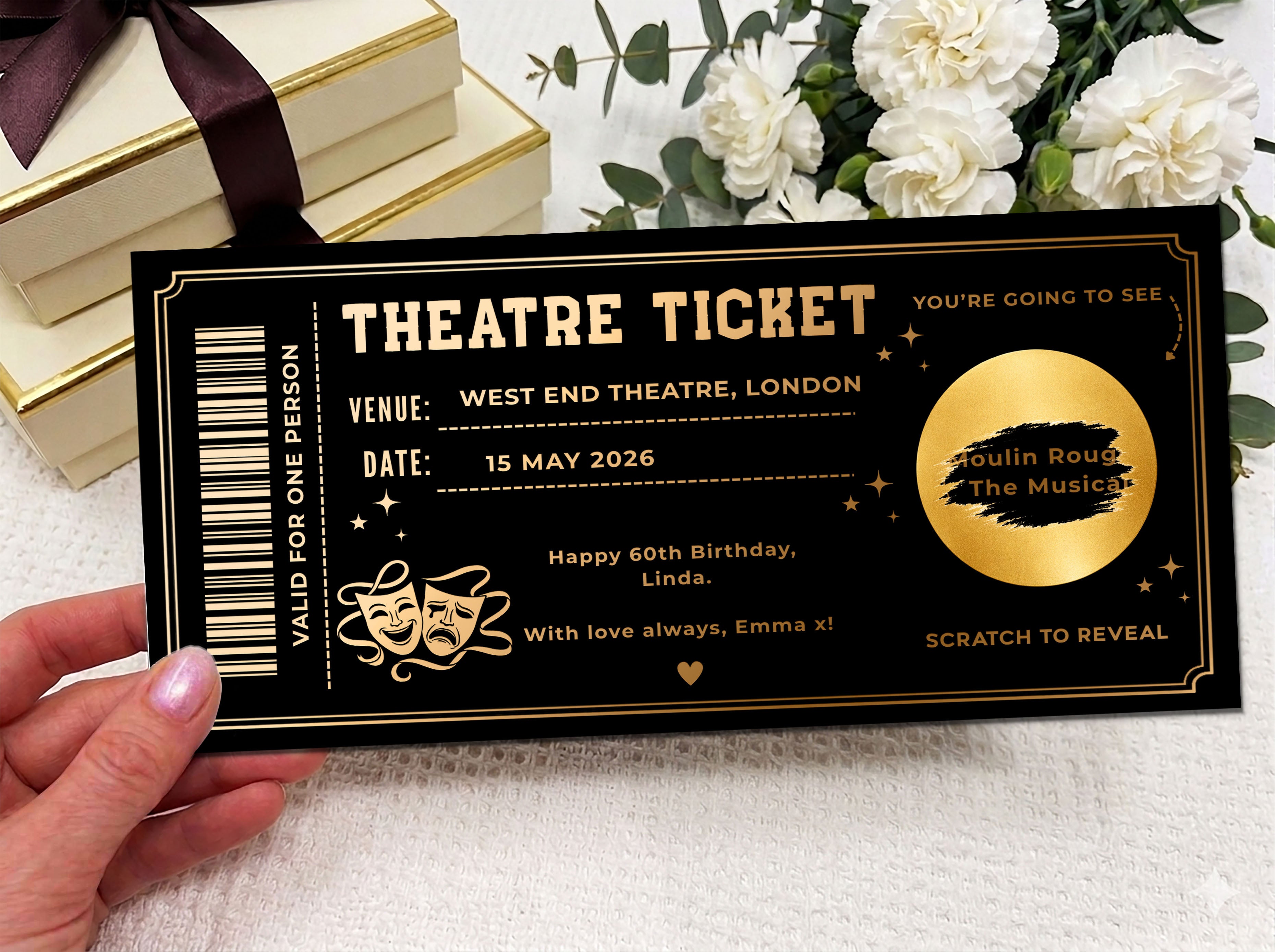Personalized Theatre Ticket Gift, Scratch Reveal Show Voucher, Luxury Navy Gold Birthday Gift, Physical Printed Experience Ticket