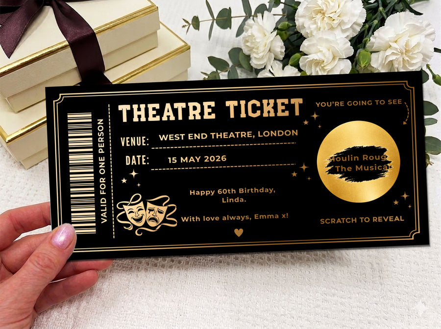 Personalized Theatre Ticket Gift, Scratch Reveal Show Voucher, Luxury Navy Gold Birthday Gift, Physical Printed Experience Ticket