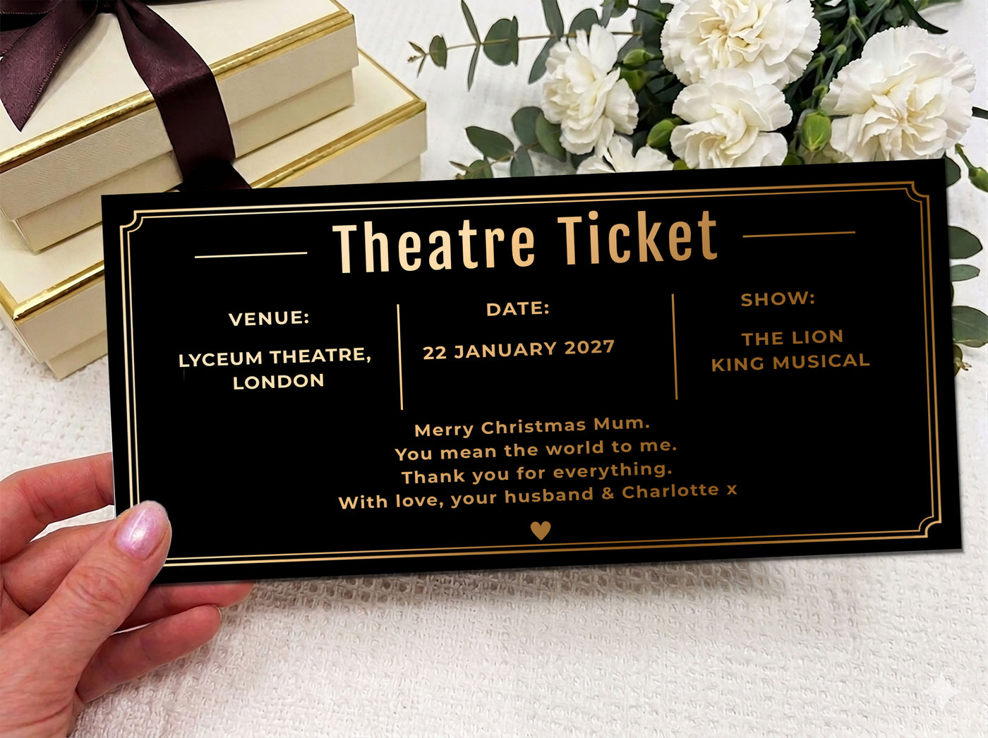 Personalized Theatre Ticket Gift, Christmas Show Voucher, Printed Experience Gift for Mum, Luxury Black Gold Ticket