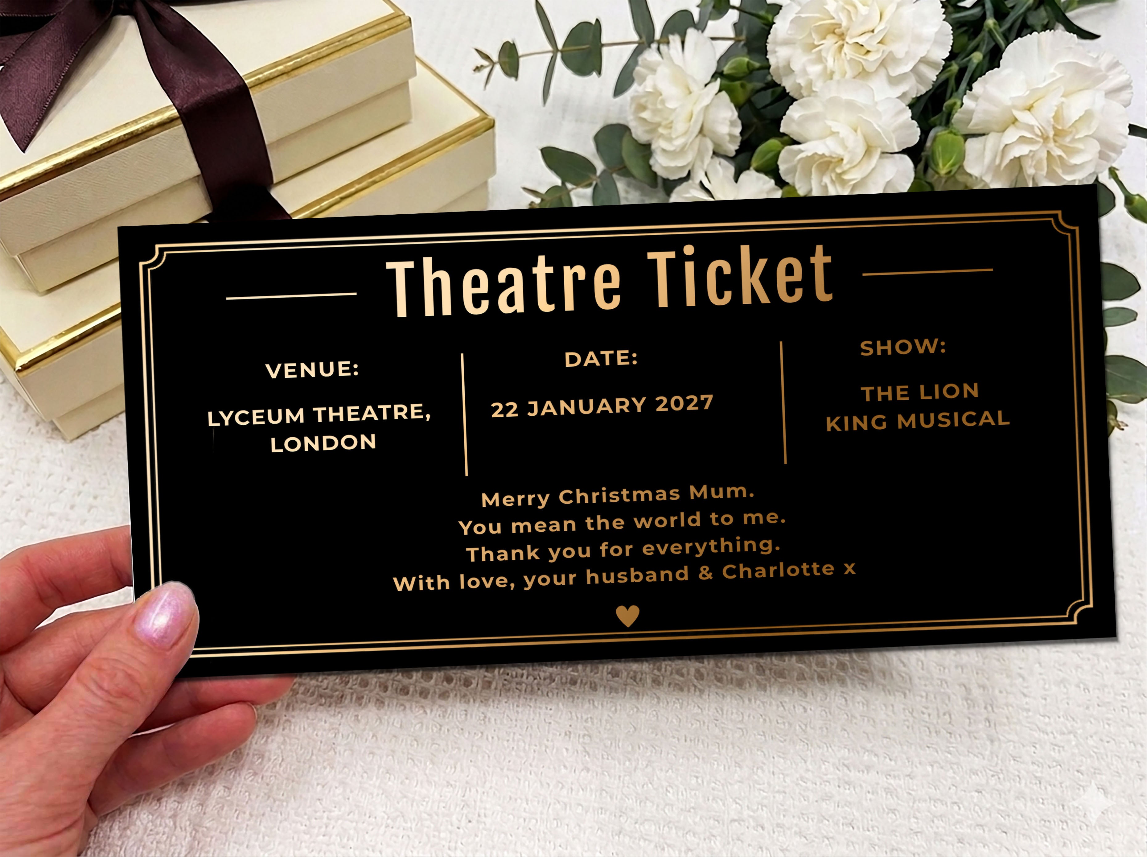 Personalized Theatre Ticket Gift, Christmas Show Voucher, Printed Experience Gift for Mum, Luxury Black Gold Ticket