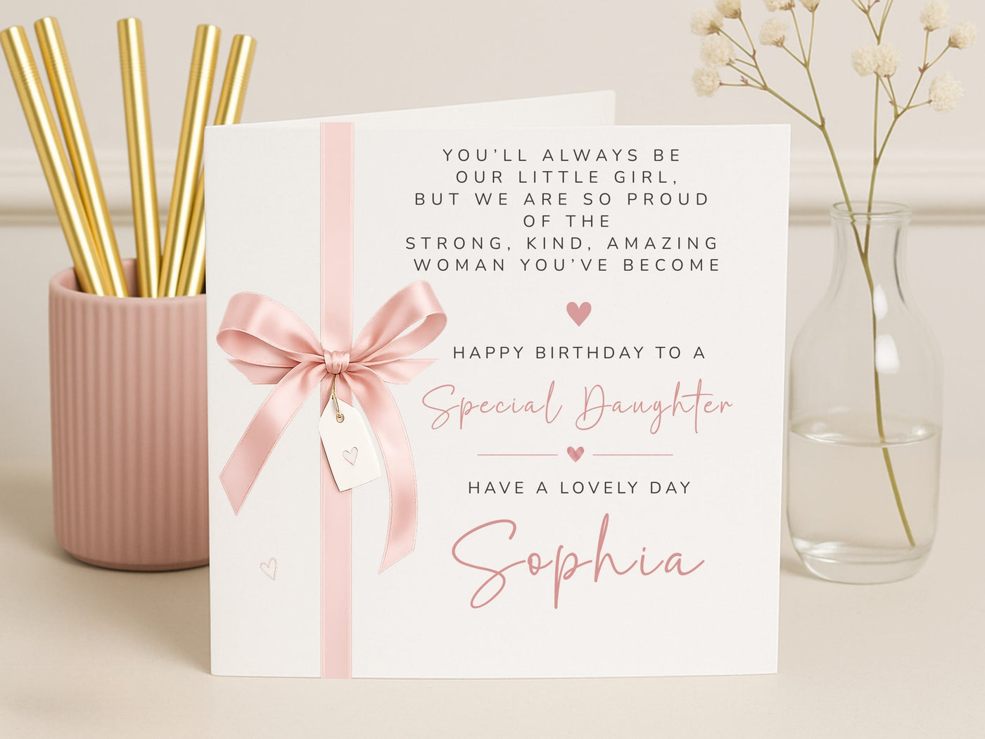 Personalised Special Daughter Birthday Card with Pink Ribbon - Custom Name Milestone Greeting Card