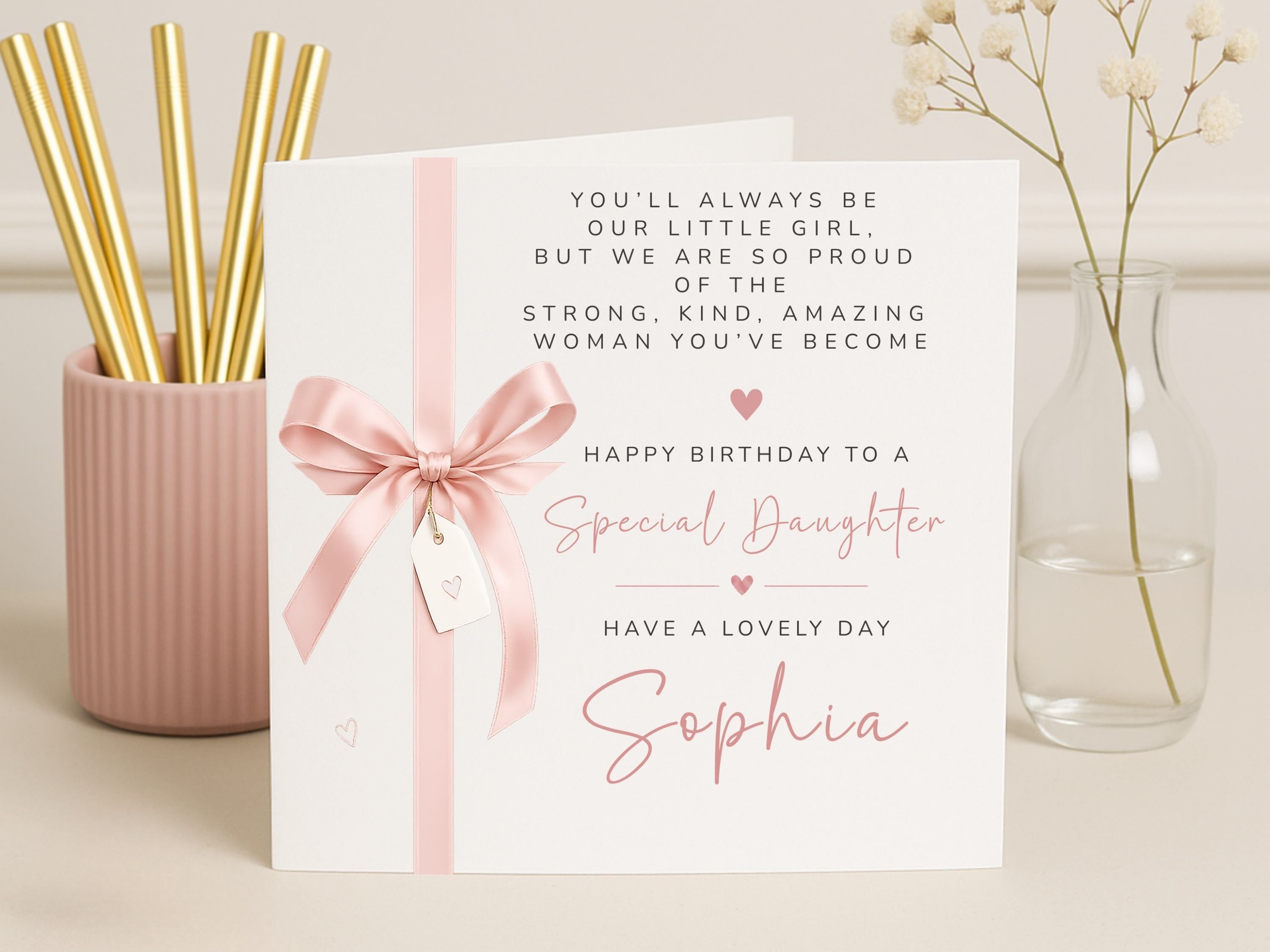 Personalised Special Daughter Birthday Card with Pink Ribbon - Custom Name Milestone Greeting Card