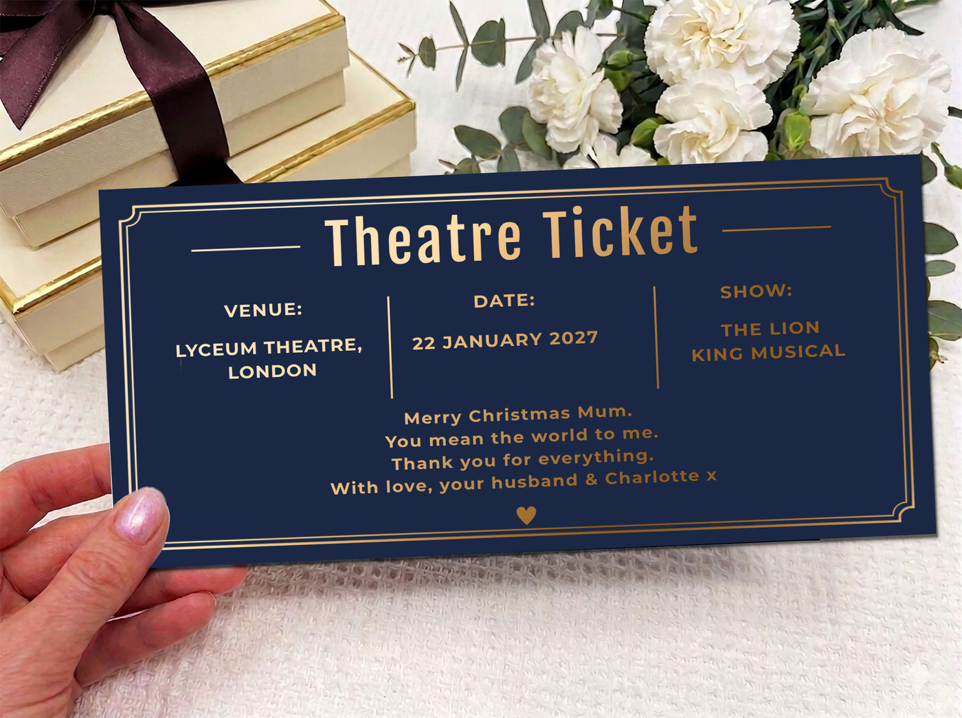 Personalized Theatre Ticket Gift, Christmas Show Voucher, Printed Experience Gift for Mum, Luxury Black Gold Ticket