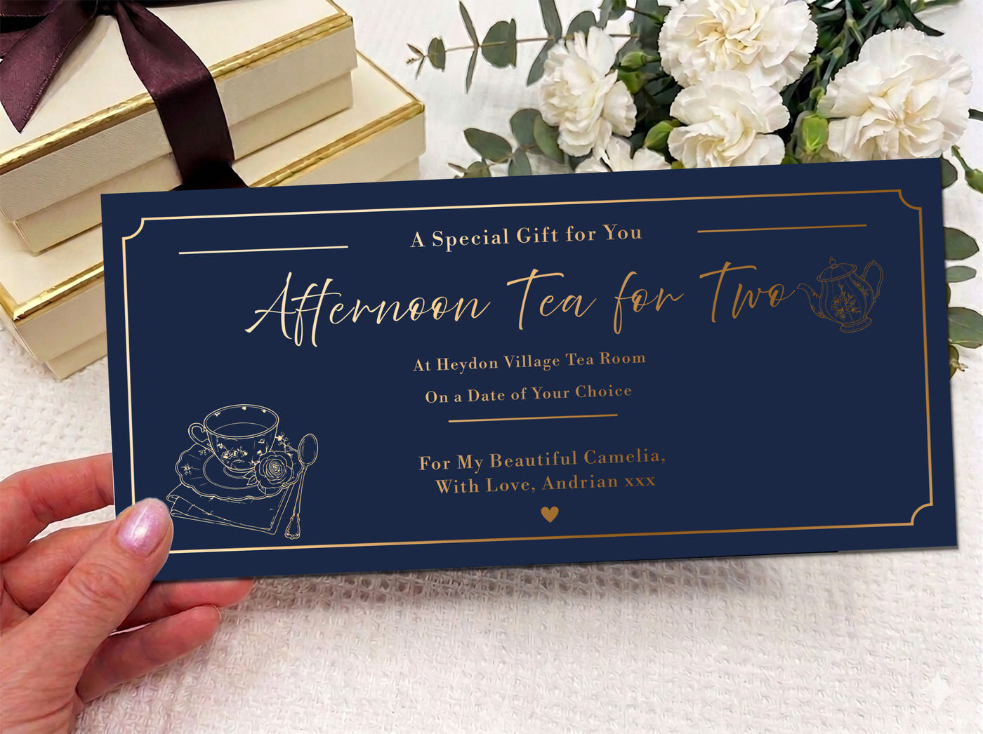 Personalised Afternoon Tea for Two Gift, Luxury Tea Voucher, Custom Printed Gift Coupon, Romantic Tea Experience Gift for Her