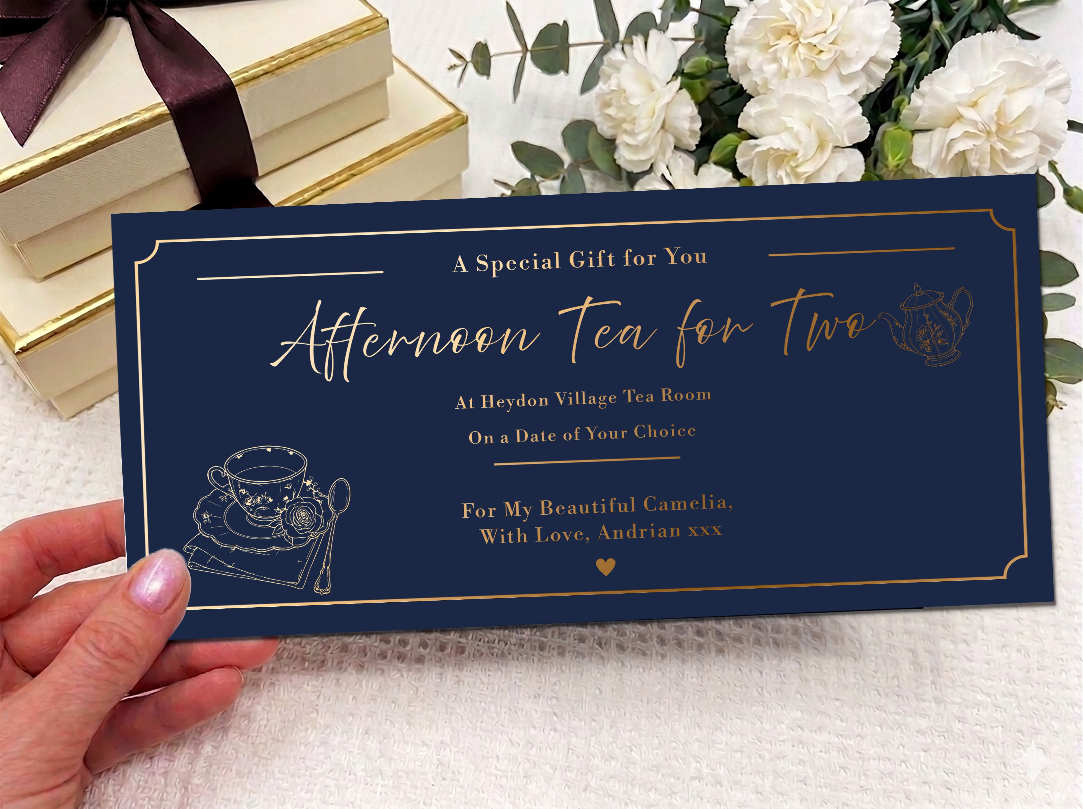 Personalised Afternoon Tea for Two Gift, Luxury Tea Voucher, Custom Printed Gift Coupon, Romantic Tea Experience Gift for Her