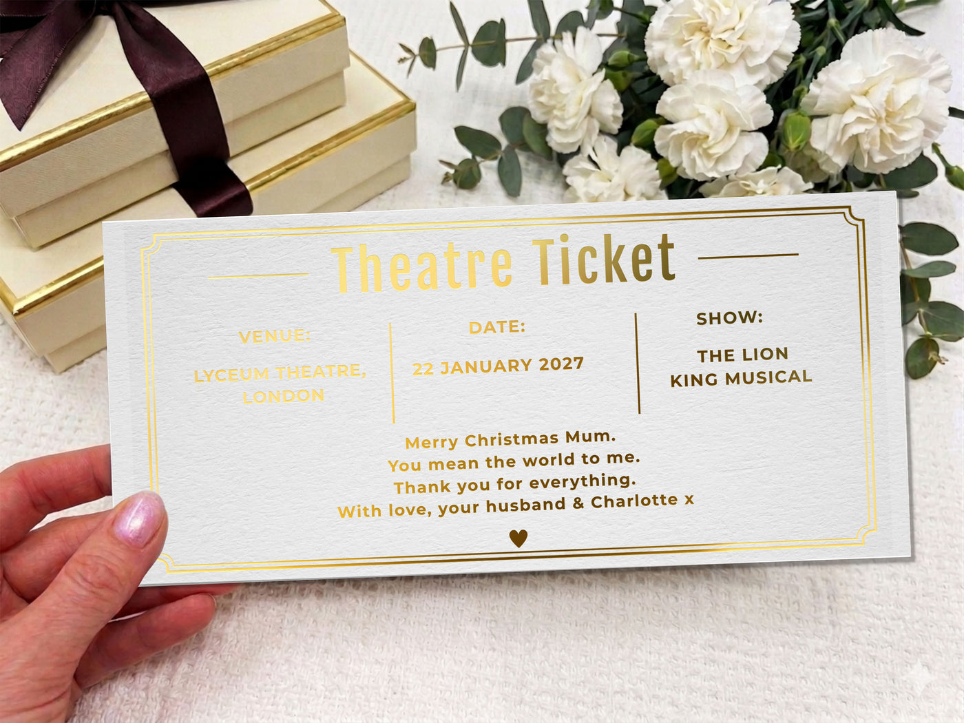 Personalized Theatre Ticket Gift, Christmas Show Voucher, Printed Experience Gift for Mum, Luxury Black Gold Ticket