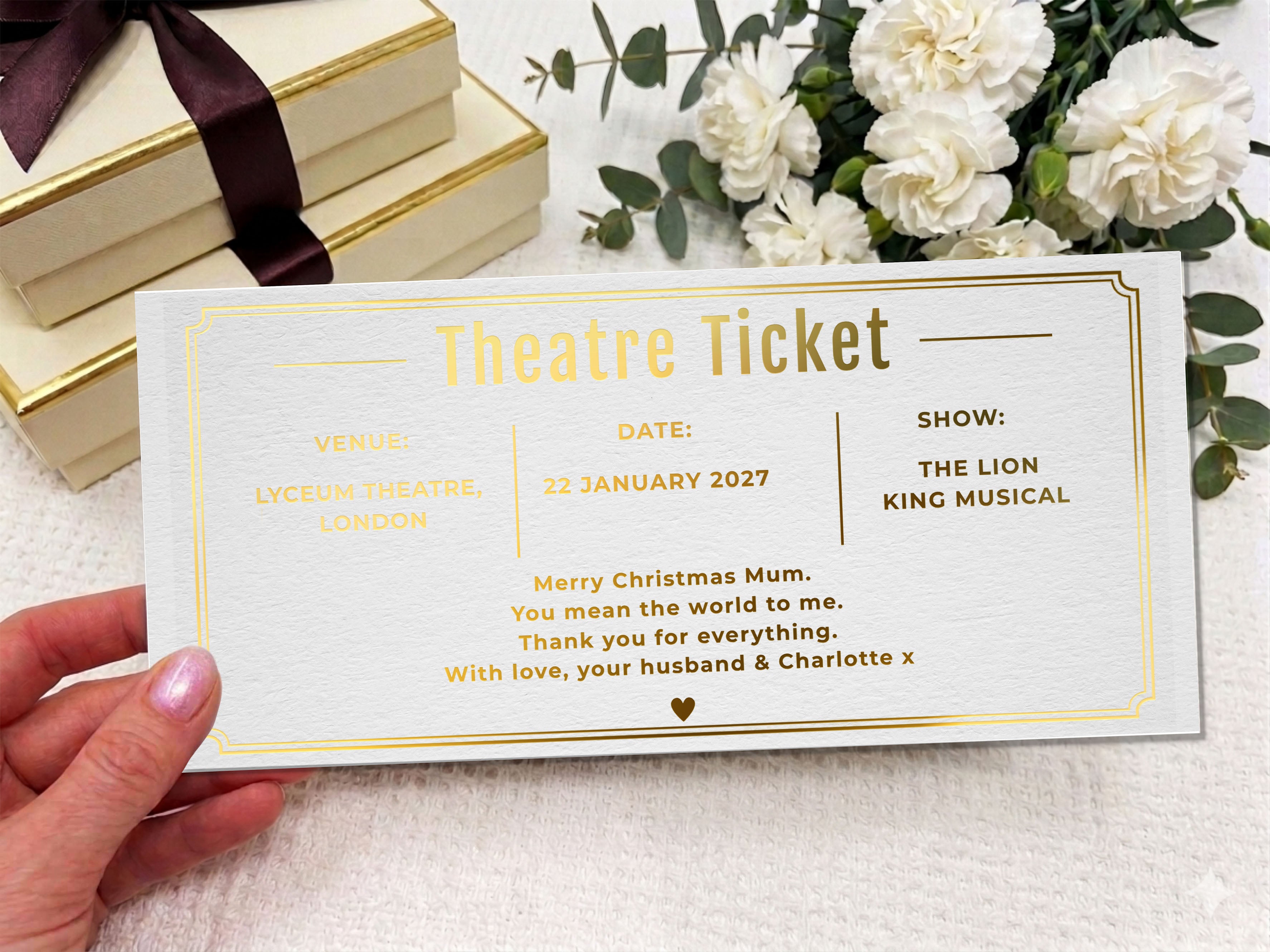 Personalized Theatre Ticket Gift, Christmas Show Voucher, Printed Experience Gift for Mum, Luxury Black Gold Ticket