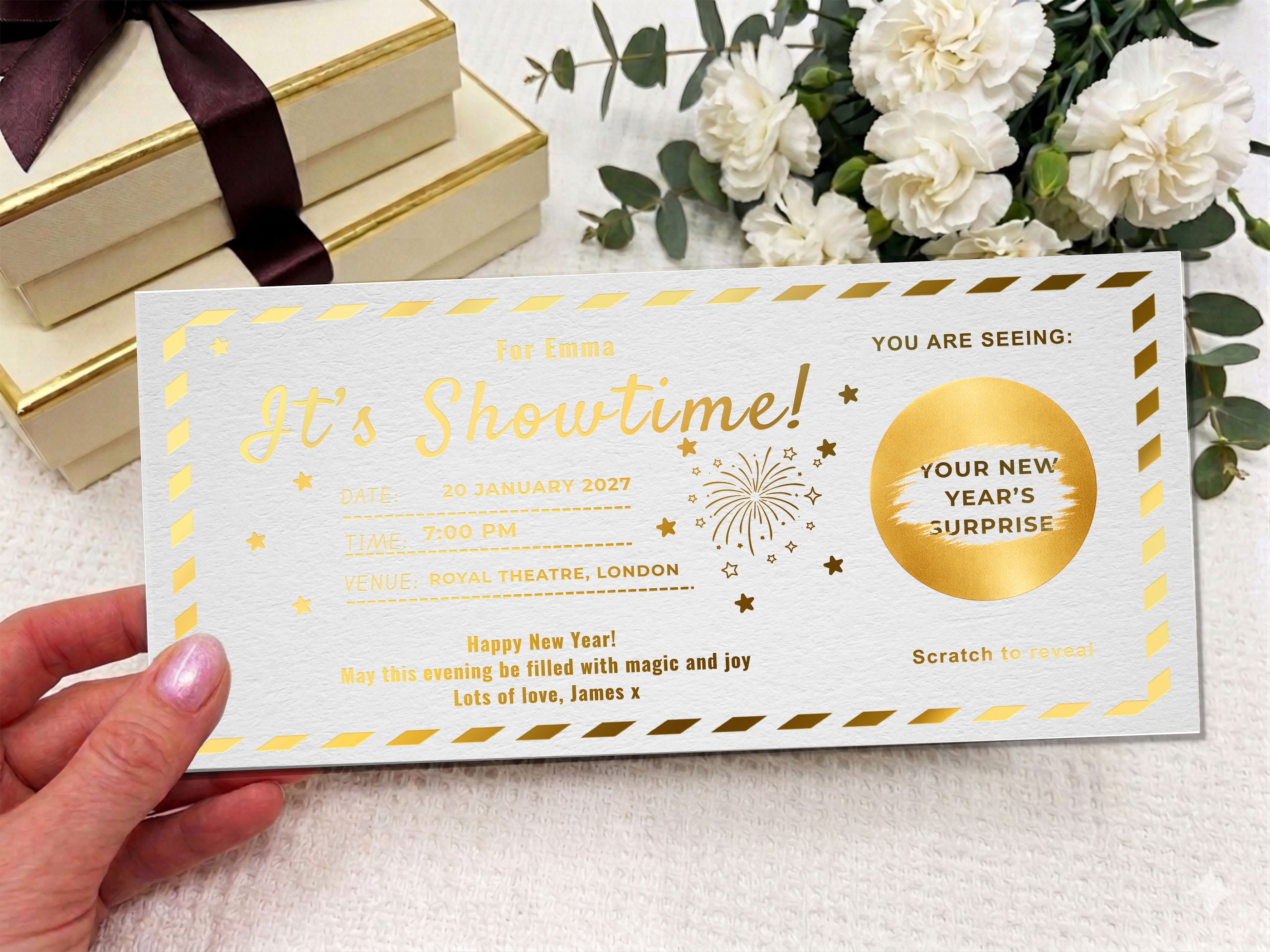 Personalised "It's Showtime" Scratch Reveal Ticket - Luxury Gold Event Gift Voucher for Theatre, Music & Comedy