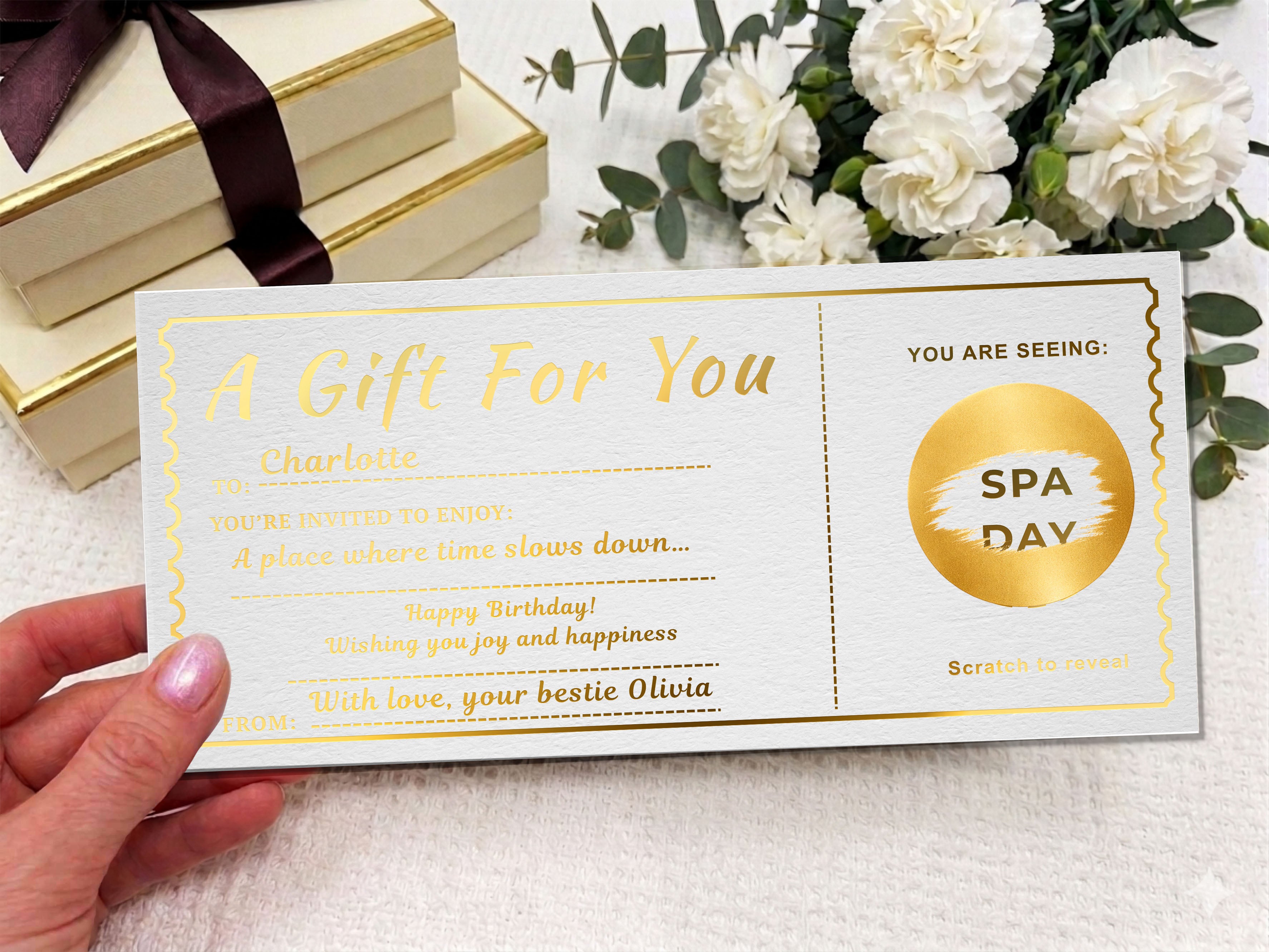 Personalised Luxury Scratch & Reveal Gift Voucher - Custom Gold Foil Trip, Spa & Birthday Ticket with Kraft Envelope